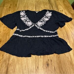 Knox Rose Deep Navy Floral Bird Embroidered Short Sleeve Top Womens Size Large